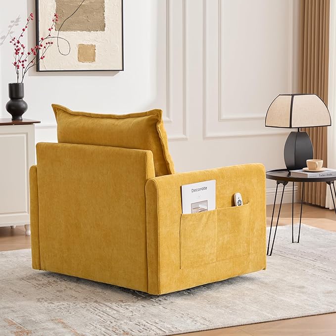 36.2” Swivel Accent Chair with Side Pockets Mid Century Modern Armchair with Solid Metal Base Comfy Single Sofa Chair 360 Degree Swivel Barrel Chairs for Living Room Bedroom (Mustard Yellow)