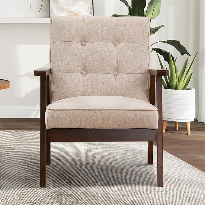 Accent Chair Mid Century Modern Chair for Living Room Comfy Fabric Armchair with Solid Wood Frame Soft Thick Padded Side Chairs Easy Assembly (1 Fabric Beige)
