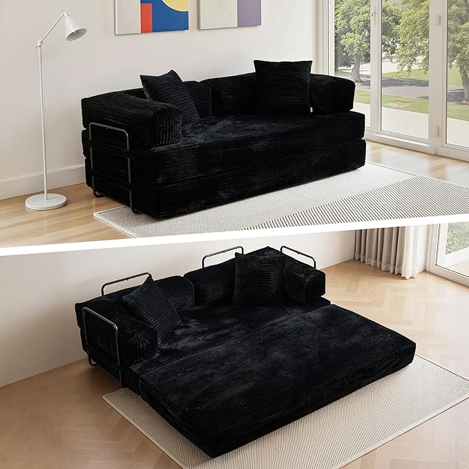 4-in-1 Folding Convertible Sofa Bed 81 Boneless Couch with Pillow Back Support Armrest Corduroy Loveseat Sleeper Compression Couch Floor Sofas Futon for Living RoomBlack