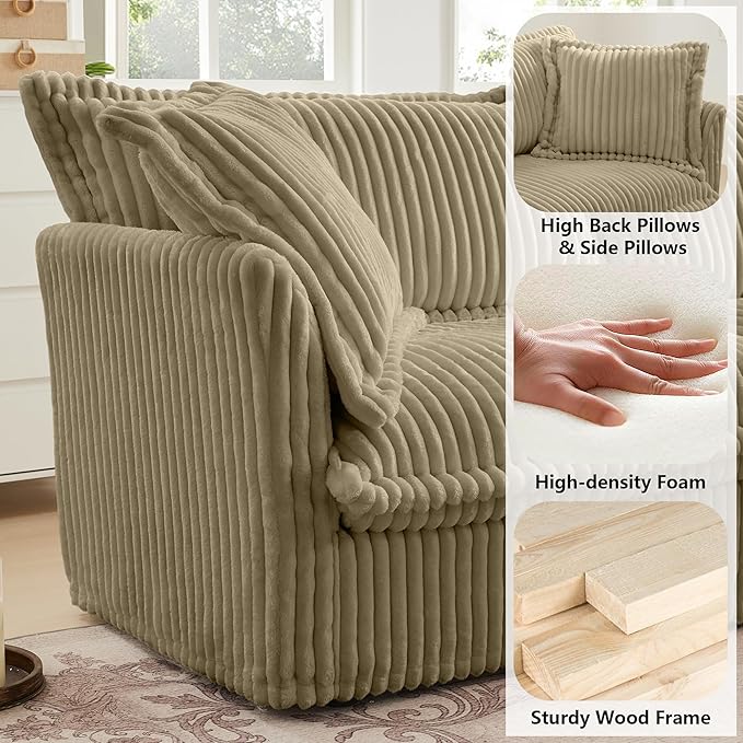 Aoowow Oversized Modular Sectional Sofa Chair 49” Corduroy Fabric Single Armchair Comfy Deep Seat Couch Sofa with Big Toss Pillows for Living Room Apartment Office(Camel-Corduroy)