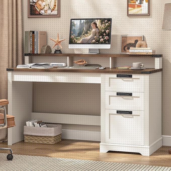 Vabches 55 Farmhouse Executive Desk with 3 Drawers Wooden Computer Desk with Keyboard Tray Home Office Desk with File Drawer (Fits A4 Size) for Work and Study White and Brown