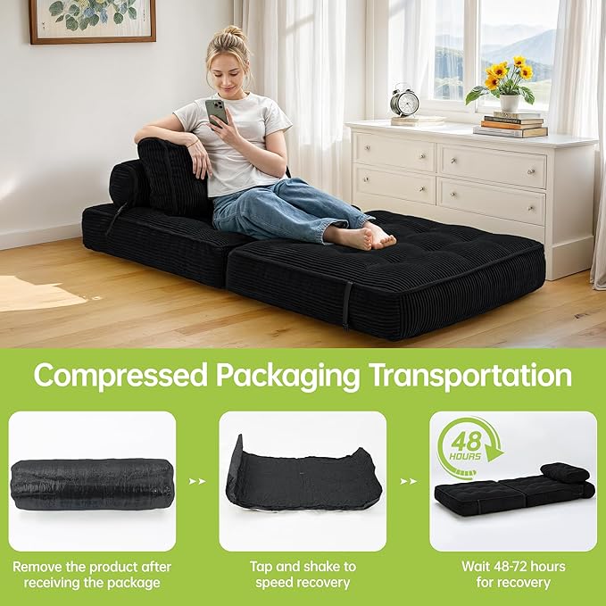 Folding Sofa Bed Convertible Sleeper Sofa Bed with Pillow Foldable Mattress with Back Support Comfy Chair Lounge for Living Room Bedroom Portable Fold Out Single Black
