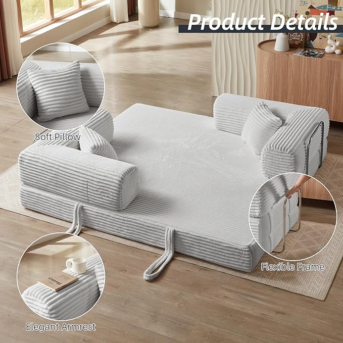 Convertible Folding Sofa BedFold Out Floor Sofa Couch with Fixed-Shape FrameCorduroy Foldable Mattress Cloud Couch for Living Room Bedroom (Light Gray 81 Inch)
