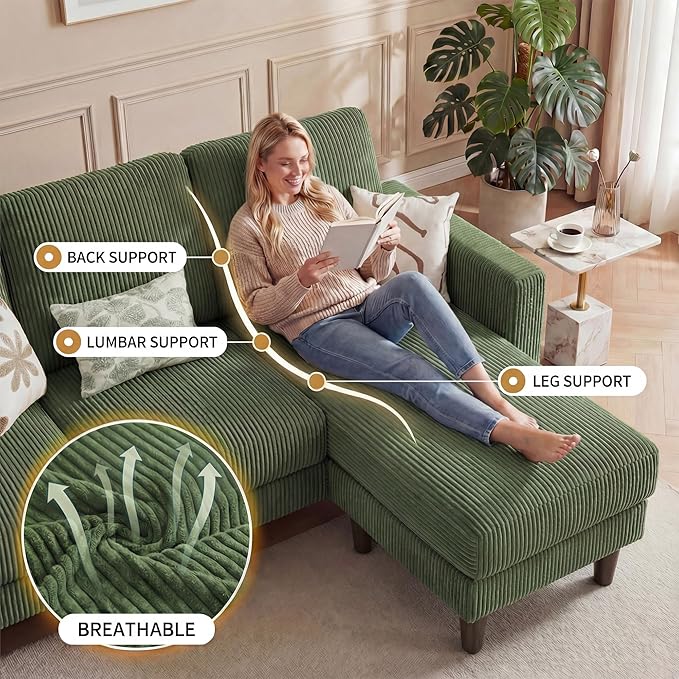 Homall 3 Seat Couch L Shape Sofa with Side Storage Pockage Sectional Couches with Reversible Ottoma Upholstered Sofa for Living Room and Small Spaces (Corduroy Green)