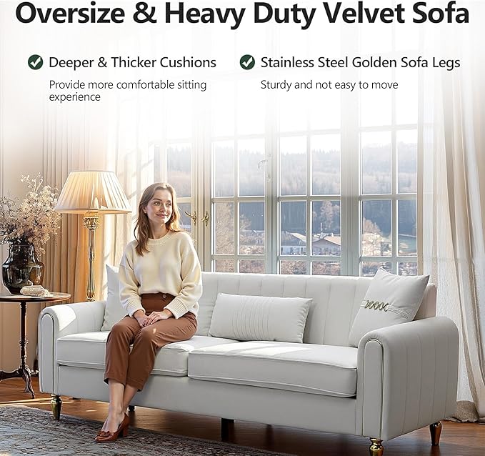87.5 Modern 3-Seater Velvet Couch with Metal Legs &amp Decorative Pillows High Resilience Sponge Spring Seat Luxury Sectional Loveseat Sofa for Living Room Apartment Small Space Beige