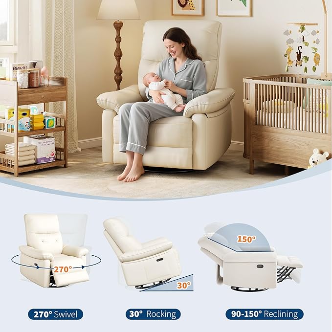 IDEALHOUSE Power Recliner Chair 270° Swivel Rocking Glider with USB Charging Port PU Leather Upholstered Fabric and Button Tufted Backrest Ergonomic Nursery Chair for Living Room (Cream)