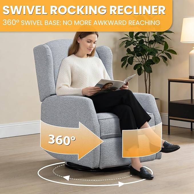 Nursery Swivel Glider Recliner Chair with Segmented Footrest Modern 360° Rocking Manual Motion Sofa with Lumbar Pillow Detachable Wings &amp Armrest for Living Room Bedroom (LightGray)