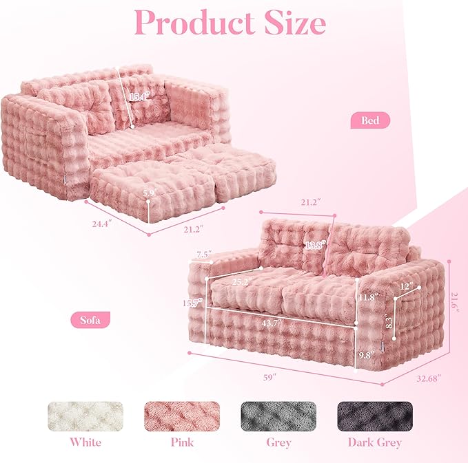Hobestluk Sofa Couch Loveseat Sofa with Bubble Fabric 2-Seater Sofa for Small Spaces Comfortable Foam Floor Sofa 2 in 1 Boneless Couch for Living Room Bedroom Apartment or Office (Pink Loveseat)