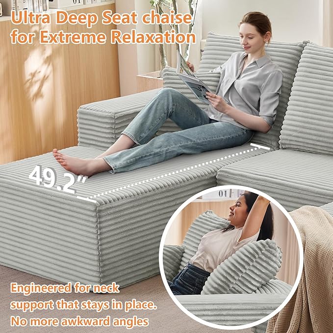 107 Modular Sectional Sofa with Ottoman Modern Corduroy Cloud Couch with Deep Seat Boneless Couch Upholstered 3-Seater U-Shaped Sofa for Living Room No Assembly (Grey Left-Facing Chaise)