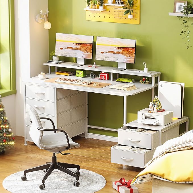 Flrrtenv 52 Inch Office Desk with 6 Drawers and Printer Space for Storage Reversible Computer Desk with Monitor Stand &amp Power Outlets Home Office Desks White
