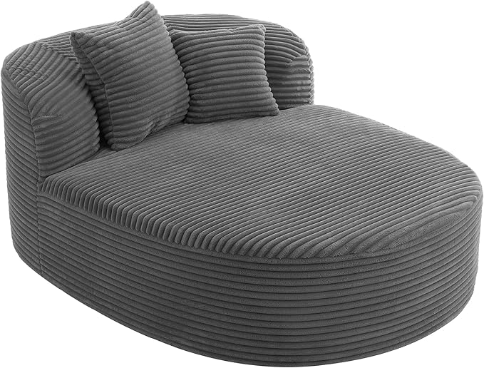 Modern Corduroy Fabric Chaise Lounge Chair Indoor Boneless Couch 51.6 Sofa Bed with Two Supportive Pillows for Living Room Office (Gray/R1)