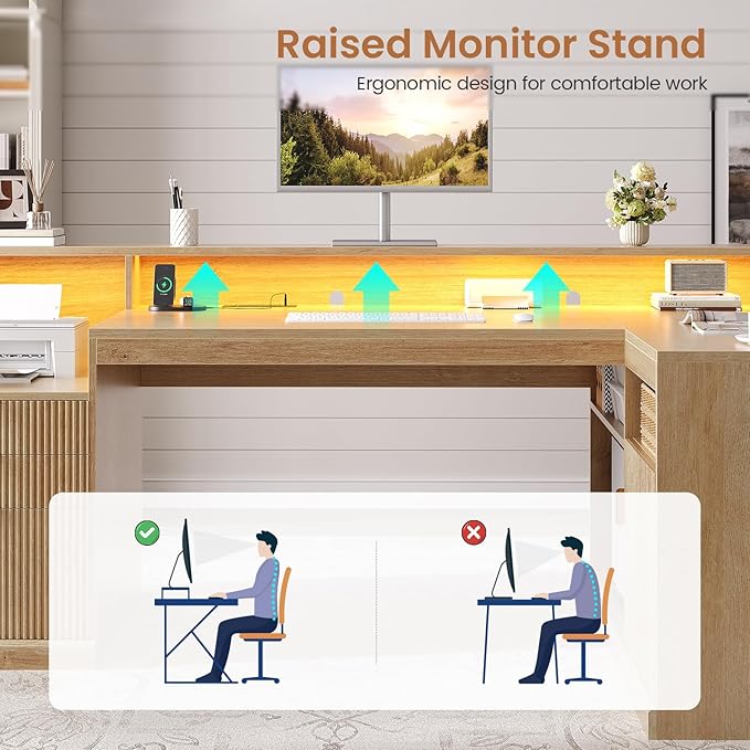 64 L Shaped Computer Desk with File Storage Home Office Desk with LED Lights Executive Desk with CPU &amp Printer Stand Outlets for PC Heightened Monitor Stand Adjustable Shelf Home Office