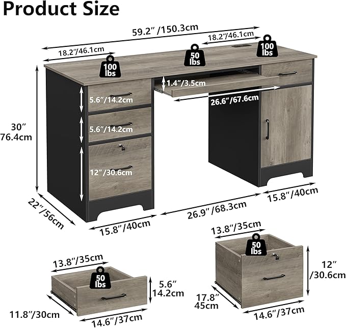 59” Executive Desk with 3 Drawers Computer Desk with Storage Cabinet Industrial Wood Desk with File Drawer Keyboard Tray &amp Power Outlets for Home Office Gray