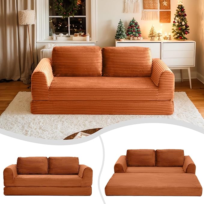 82 Corduroy Convertible Boneless Couch with Pull-Out Bed 2 in-1 Folding Convertible Sofa Bed with Pillows Loveseat Floor Sofa Couches for Living Room No Assembly Required (Orange) | Breathable Mat