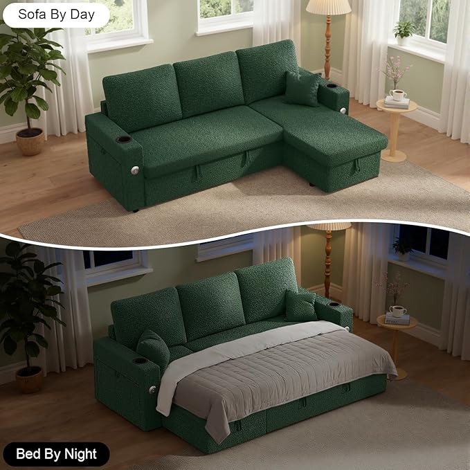 82 Inch L-Shape Sectional Couch 4-in-1 Multifunctional Pull-Out Couch Sleeper Sofa with Storage Chaise Charging Station Cup Holder for Living Room/Office/Apartment (Green)