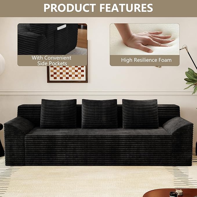 71 Love Seat Couches Corduroy Boneless Loveseat with Deep Seats 2 Seat Couch Apartment Size Couch with 3 Pillows&ampSide Pockets for Bedroom Office No Assembly Required Black