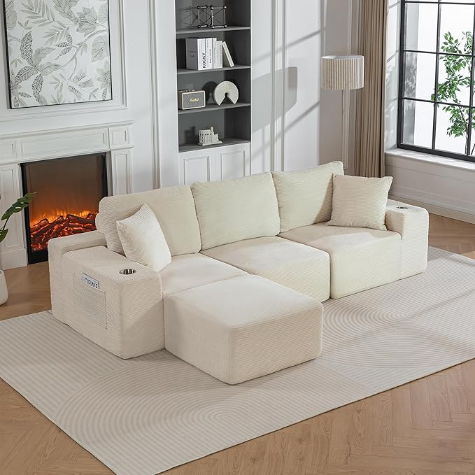 110Modular Sectional Sofa CouchesConvertible L-Shape Cloud Couch 3 Seat Oversize Chaise with OttomanCompressed FoamComfy BonelessSide PocketsCup Holders for Living RoomApartmentCorduroy Beige