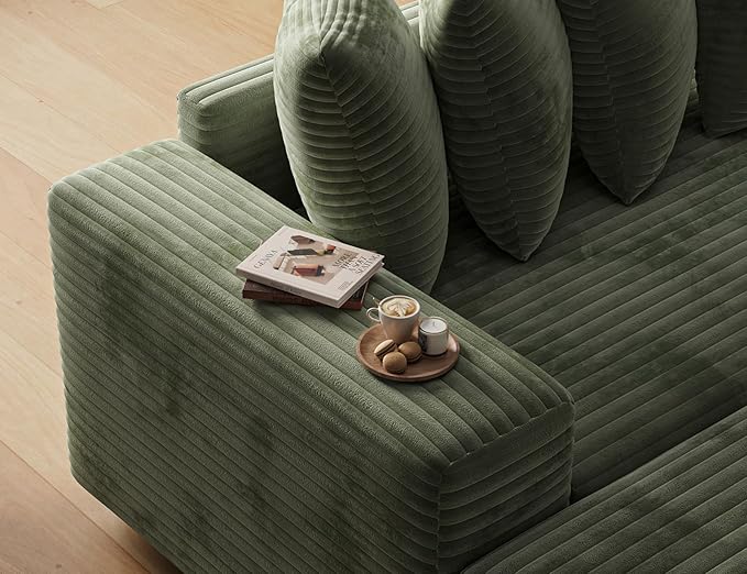 110 Modular Sectional Sofa L Shaped Couch with Chaise Lounge Fluffy Corduroy Cloud Couch with Deep Seat for Living Room (Green)