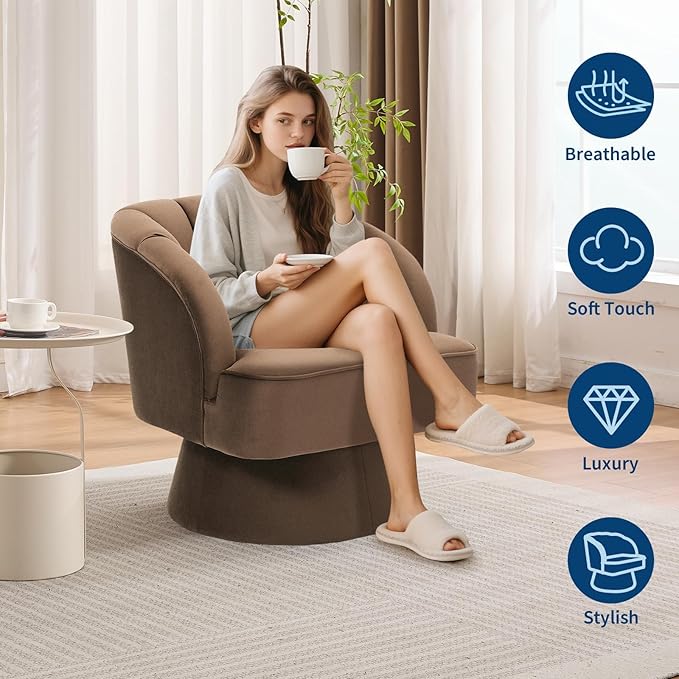 Swivel Accent Chair with Armrest Modern 360 Degree Swivel Round Lounge Chair with Curve Back and Cushion Comfy Upholstered Armchair Single Sofa for Living Room Bedroom Reading Room Brown 2PCS