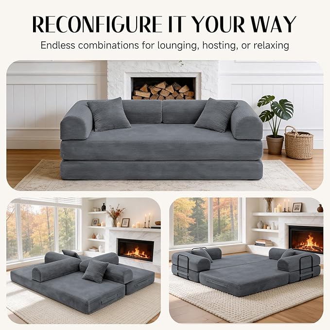 79 Corduroy Sofa Bed Boneless Couch in a Box with 2 Pillows High-Density Foam 4-in-1 Foldable Sleeper Futon Loveseat for Small Spaces No Assembly Side Pockets Dark Grey