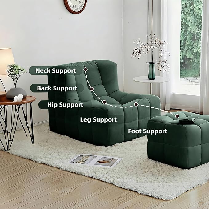 Bean Bag Chair - Memory Foam Bean Bag Chair for Adults Comfy High-Resilience Single Sofa Small Space Floor Chair Chaise Lounge for Living Room Bedroom (Dark Green Square+Ottoman)