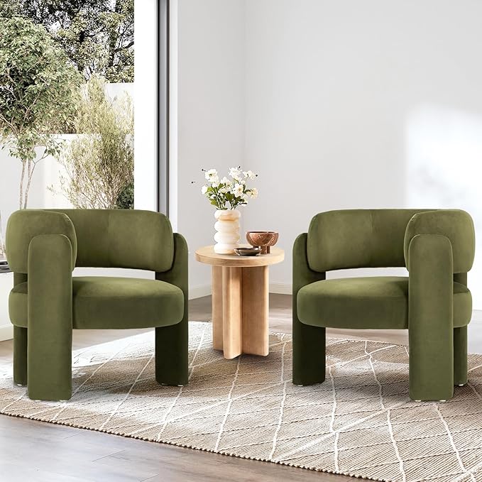 COLAMY Modern Velvet Accent Chair Set of 2 Upholstered Barrel Chairs Comfy Side Arm Chairs with 3 Legs for Living Room Bedroom Reading Green