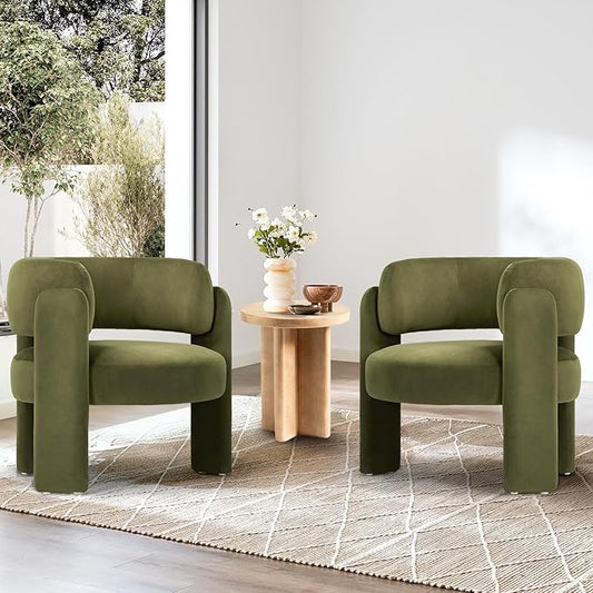 COLAMY Modern Velvet Accent Chair Set of 2 Upholstered Barrel Chairs Comfy Side Arm Chairs with 3 Legs for Living Room Bedroom Reading Green