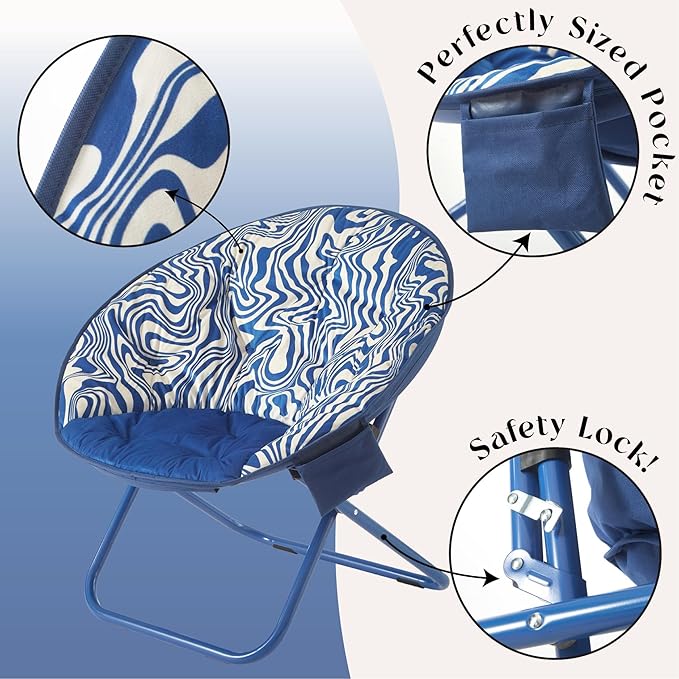 Urban Lifestyle Printed Back Micromink Saucer™ Chair with Navy Legs and Side Storage Pocket Blue and White Swirl