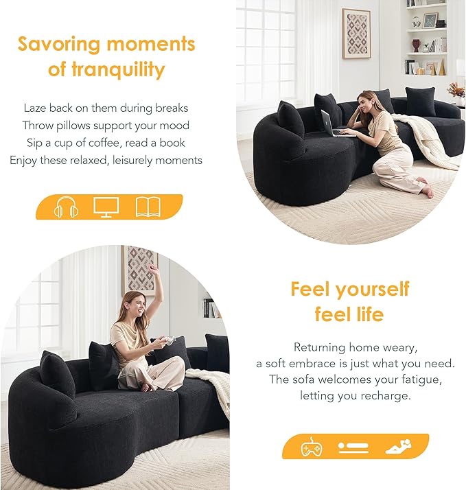 Oversized Sectional Sofa for Living Room 110 Modern Luxury Chenille 4-Seater Extra Deep &amp Wide Seat Curved Cloud Couch with 4 Throw Pillows No Assembly Needed Cream Black