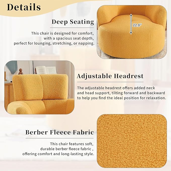 Swivel Accent ChairBedroom Barrel Chairs with Seat CushionModern 360° Soft Berber Fleece Fabric Circle Chair with Adjustable Headrest for Living Room (Yellow)