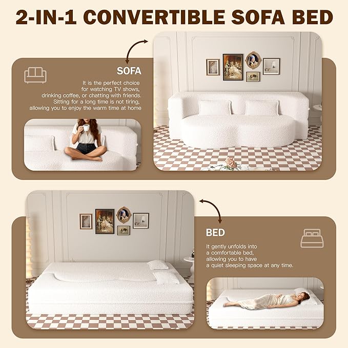 2 in 1 Convertible Compressed Sofa Bed 49'' Modern Boneless Single Sleeper in a Box Floor Mattress Futon Loveseat Couch No Assembly Needed Space Saving White 2 Pillows Twin for Living Room