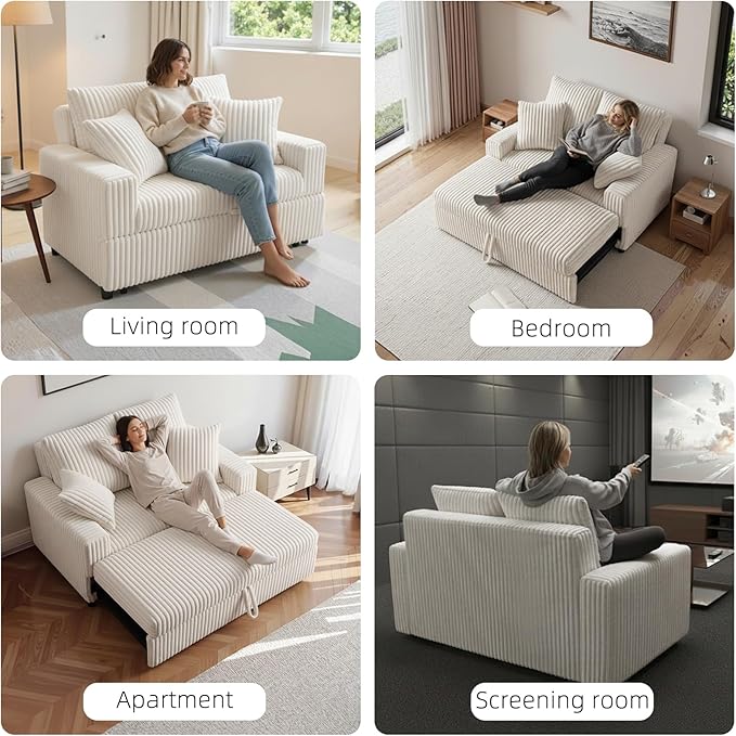 3 in 1 Convertible Sofa Bed52.8 Pull Out Couch with 2 Pillows and Side PocketsModern Corduroy Fabric Sleeper Loveseat with Adjustable Backrest for Living Room Bedroom Apartment (Beige Corduroy)