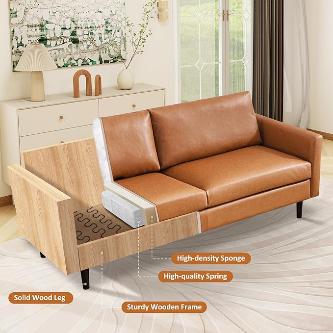 Tbfit Loveseat Faux Leather Sofa Couches for Living Room Bedroom &amp Office Light Brown