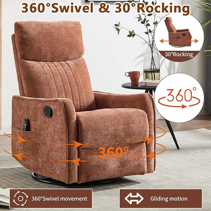 Massage Recliner Chair with Heat Slim Recliners for for Adults Swivel Rocking Chair Recliner with High Back Small Recliner Chair for Small Spaces Living Room Adjustable Footrest (Orange)