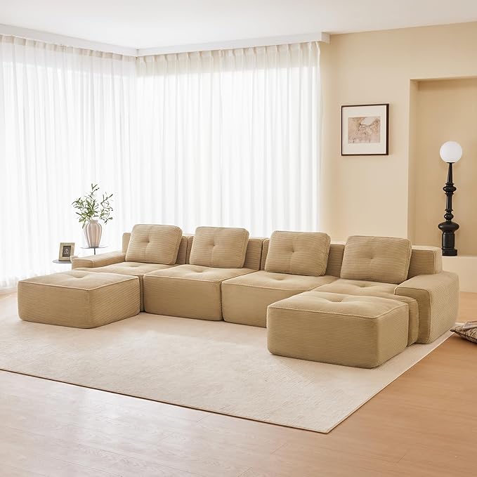 Boneless Couch Modular Sectional Sofa 153 Modern Cloud Couch with Deep Seat Comfy Corduroy U Shaped Sectional Couches for Living Room 4 Seater Tufted Floor Sofa with Movable Ottoman Camel