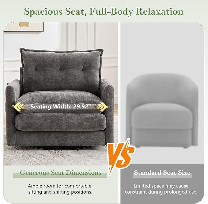 cinkehome Oversized Swivel Chair 36 Swivel Armchair Accent Chair for Living Room Mid Century Modern Thick Padded Arm Chairs Memory Foam Chenille Gray