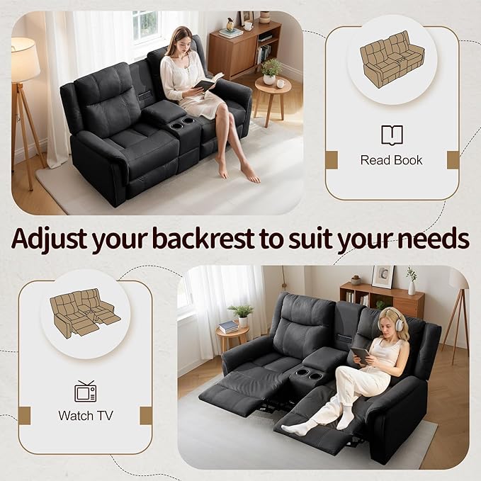 Loveseat Recliner Sofa Reclining Loveseat Couch Reclining Couch with Console USB Port US Outlets and Cup Holders 2-Seater Sofa for Living Room (2-Seater Black)