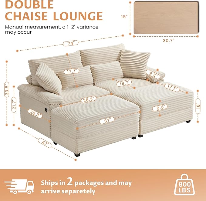 SUNWAVE 74 W Double Chaise Lounge Chair Indoor Oversized Loveseat with Storage Ottoman Corduroy Couch with USB Charging Removable Ottoman and Coffee Table Cushions for Living Room Bedroom