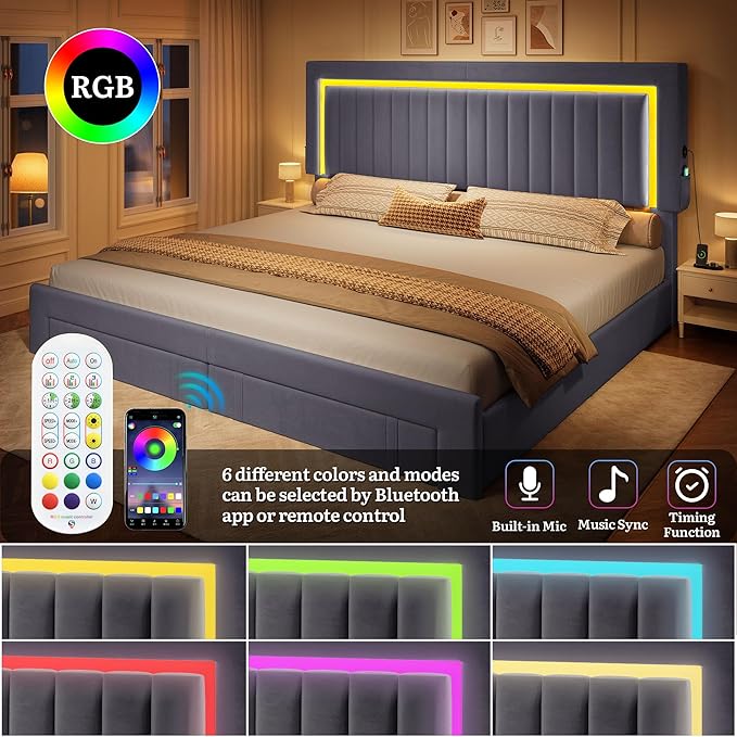 YITAHOME King Size Bed Frame with Adjustable Headboard 4 Storage Drawers and RGB LED Lights Velvet Upholstered Platform Bed with USB Ports No Box Spring Needed Fast Assembly Noise-Free Dark Grey
