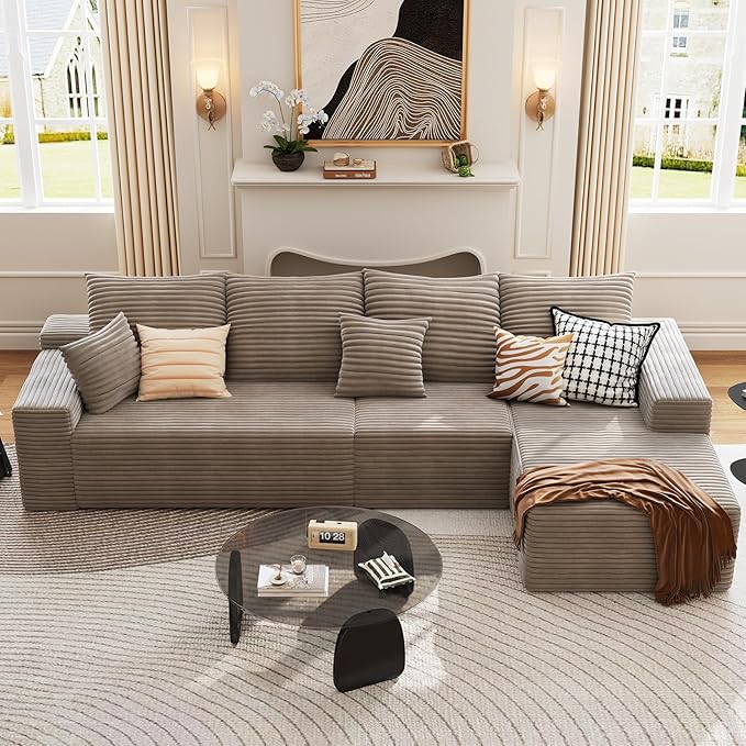 135.4 Cloud Sectional Couch with L-Shape Chaise Modern Corduroy Boneless Deep Seat Sofa 4-Seater Modular Sleeper Couch for Living Room Bedroom Apartment No Assembly (Camel Right-Facing Chaise)