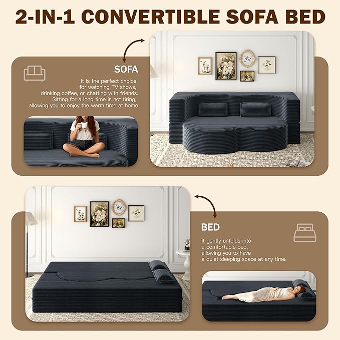 78 inch Memory Foam Couch Sofa Bed Convertible Folding Velvet Chenille Lazy Lounge Floor Full Size Sofabed Sleeper Couch for Small Living Room Apartment No Assembly (Dark Grey Corduroy)