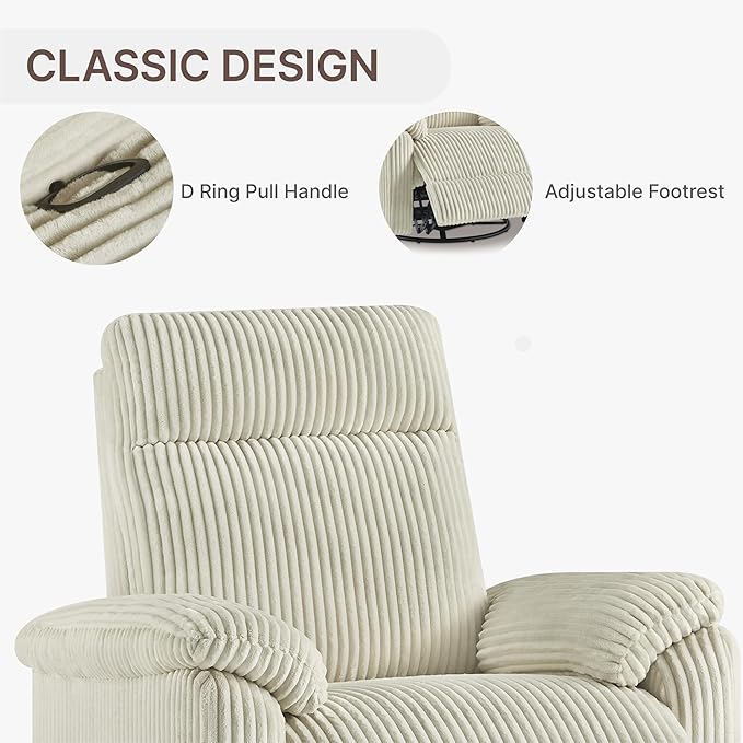 Swivel Rocker Recliner for Adults Corduroy 360 Degree Swivel Glider Recliner Manual 3-Position Adjustable Easy Assembly for Small Space Living Room Nursery Bedroom