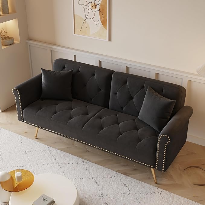 KEIKI 70 Folding Futon Sofa Couch w/Adjustable Backrest Mid Century Modern Loveseat Convertible to Sleeper Bed Small Comfy Velvet Cloud Couch SofaBed for Living Room &amp Bedroom 2 Pillows Black