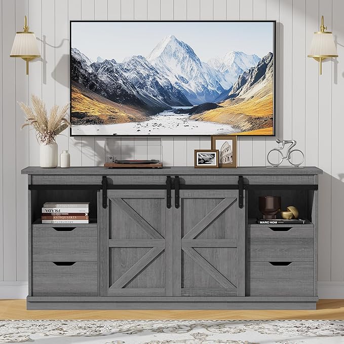 JUMMICO TV Stand with 4 Drawers for 65 Inch TV Farmhouse Entertainment Center with Storage and Sliding Barn Doors Rustic Media TV Console Cabinet with Shelves for Living Room Bedroom (Pale Gray)