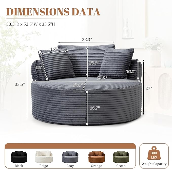 53W Oversized Round Chair Lounge Chaise Indoor Corduroy Comfy Circle Reading Armchair Upholstered Modern Cloud Boneless Chairs Cozy Floor Sofa Chair for Living Room Bedroom Apartment(Grey)