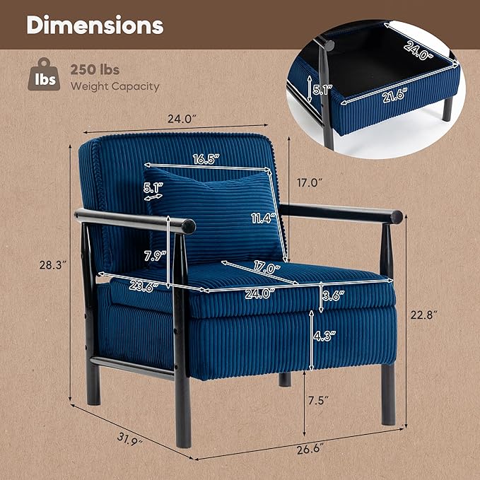 Yoglad Accent Chair with Storage Corduroy Fabric Reading Chair with Wood Frame Mid Century Modern Storage Armchair for Living Room Bedroom Apartment(Antique Blue)