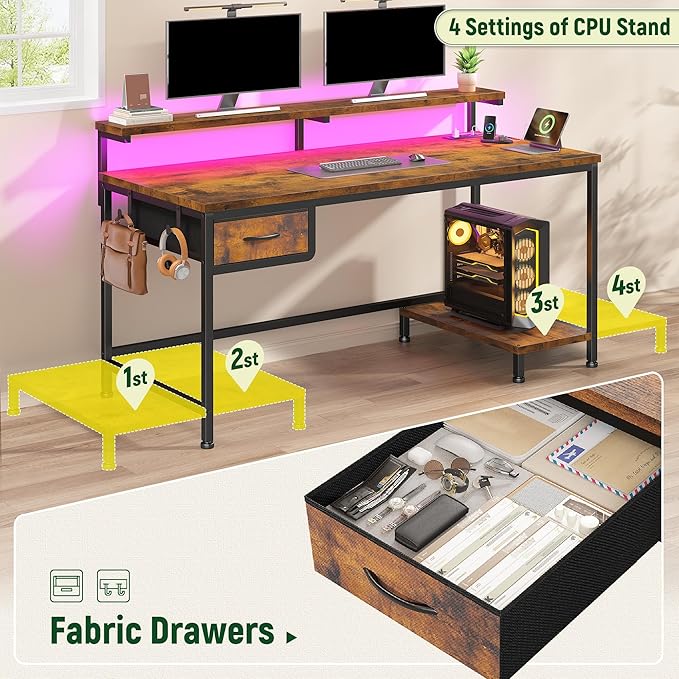 39.3Inch Office Desk with Power Outlet &amp Drawer Gaming Desk with CPU Stand&amp LED LightsComputer Desk with Ergonomic Monitor Stand for Small SpaceRustic Brown