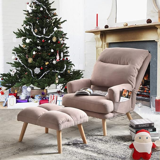 HOOOWOOO Living Room ChairLiving Room Set with Recliner Accent Chair and Ottoman with Side BagsPink Linen