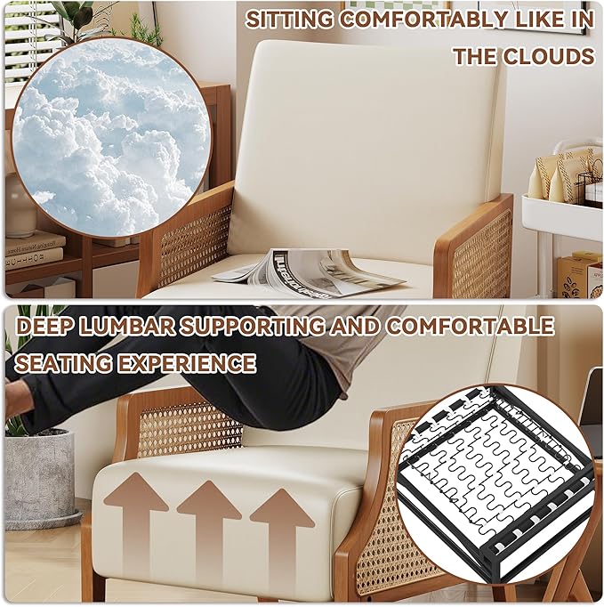 Aklaus Mid Century Accent Chair Set of 2 with Rattan Armrest Upholstered Living Room Chairs Lounge Fabric Reading Chairs Side Sitting Farmhouse Chair for Living Room Bedroom Balcony Beige