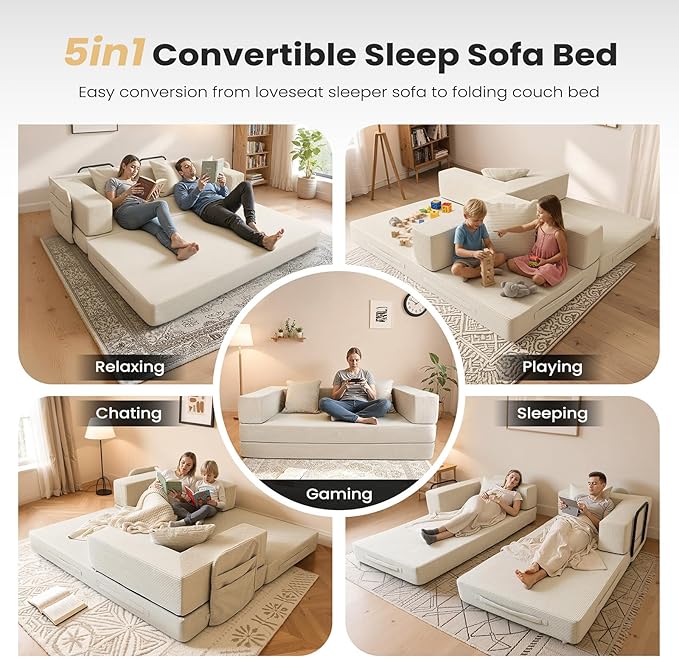 5‑in‑1 Futon Sofa Bed Queen – Floor Foldable Convertible Sofa Couch with L‑Shaped Armrests Removable Cover White Convertible Guest Bed | Space‑Saving Fold‑Out Mattress Lounge for Living Room/Bedroom
